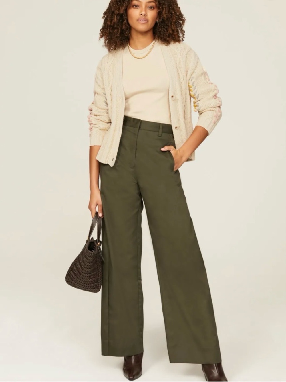 Michael Stars Cream Cable Knit Chunky Cardigan with Braided color Sleeve XS